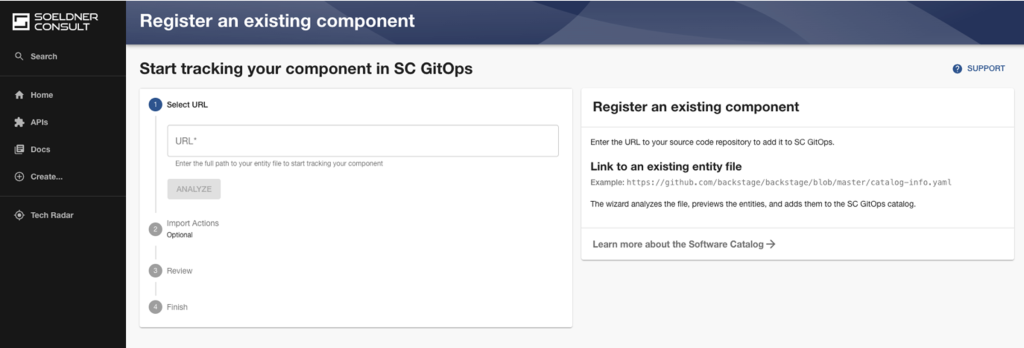 Screenshot of the 'Register an existing component' page on the Soeldner Consult interface, mirroring functionality found in Spotify Backstage for tracking software components via SC GitOps. The interface features a step-by-step wizard on the right to start tracking by entering a URL to a source code repository and linking to an entity file, with an example URL provided. The left side displays a navigation panel with options like Home, APIs, Docs, and Tech Radar. The top right corner includes a 'Support' button.